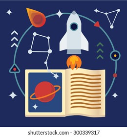Astronomy flat illustration with book, rocket, stars and planets. 