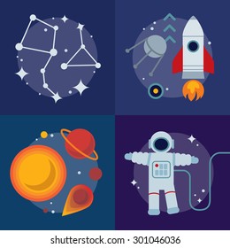Astronomy flat illustration with book, rocket, stars and planets. 