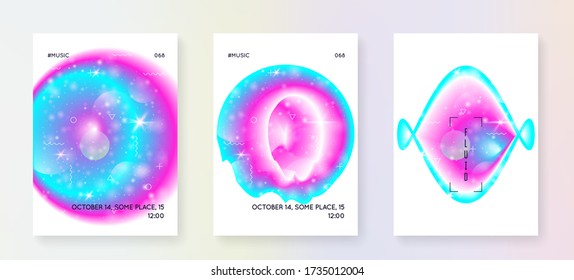 Astronomy flyer. 3d magic dreamer unicorn sparkles. Stellar science template set with planets, sun, deep fluid light. Holographic gradients. Astronomy flyer with galaxy shapes and star dust.