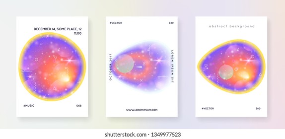 Astronomy flyer. Cosmos science template set with planets, sun, deep fluid light. Holographic gradients. 3d magic dreamer unicorn sparkles. Astronomy flyer with galaxy shapes and star dust.