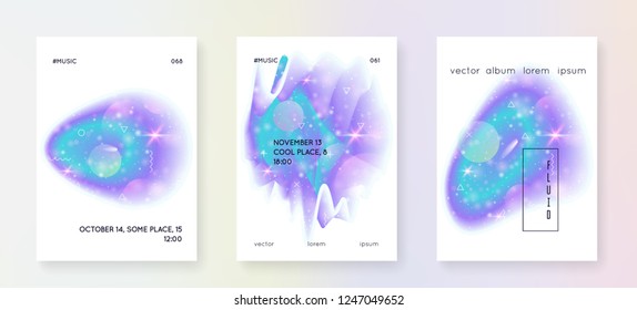 Astronomy flyer. Holographic gradients. 3d magic dreamer unicorn sparkles. Stellar science template set with planets, sun, deep fluid light. Astronomy flyer with galaxy shapes and star dust.