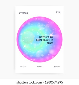 Astronomy flyer. Holographic gradients. 3d magic dreamer unicorn sparkles. Starry, Cosmos science template with planet, sun, deep fluid light. Astronomy flyer with galaxy shapes and star dust.