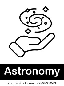 Astronomy galaxy set icon. Line icon with spiral galaxy shape, star elements, hand support below, cosmic object floating above palm concept of universe interaction.