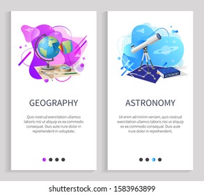 Astronomy and geography vector, school disciplines lessons with globe model and telescope, science learning in college or university set. Website or slider app, landing page flat style