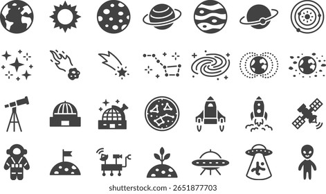 Conjunto de ícones de glifo de astronomia. Planeta espacial, Terra, Lua, Sol, galáxia, astronauta de foguete, alienígena mínima silhueta vetor ilustrações. Sinais sólidos pretos simples para a ciência do cosmos.