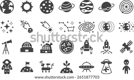 Astronomy glyph icon set. Space planet, Earth, moon, sun, galaxy, rocket astronaut, alien minimal silhouette vector illustrations. Simple black solid signs for cosmos science.