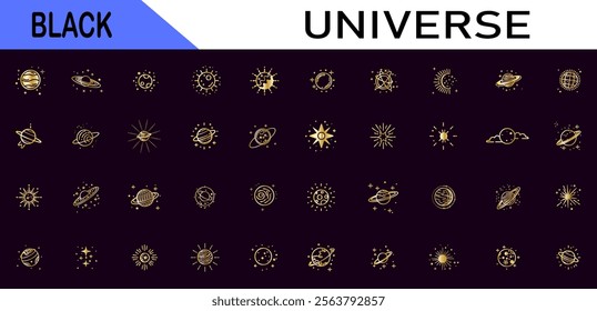 Astronomy gold line icon set. Space planet, Earth, moon, sun, galaxy, rocket astronaut, alien. universe sign illustration. minimal lines icon.