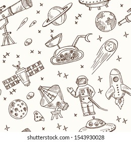 Astronomy hand drawn doodle seamless pattern. Vector illustration. Isolated elements on white background. Symbol collection.