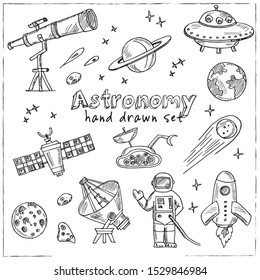 Astronomy hand drawn doodle set. Vector illustration. Isolated elements on white background. Symbol collection.