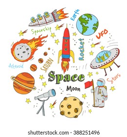 Astronomy hand drawn doodles. Stars, planet and space transportation  used for school education and document decoration. 