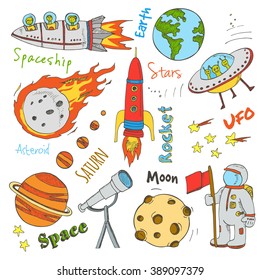 Astronomy hand drawn doodles. Stars, planet and space transportation  used for school education and document decoration. 