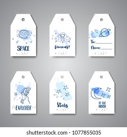Astronomy Hand Drawn Illustrations on gift tags. Planets and space ships drawings. Explorer slogan Space theme greeting card for boy. Vecto
