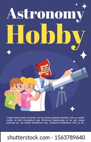 Astronomy hobby brochure template. Flyer, booklet, leaflet concept with flat illustrations. Vector page cartoon layout for magazine. Excursion to observatory advertising invitation with text space