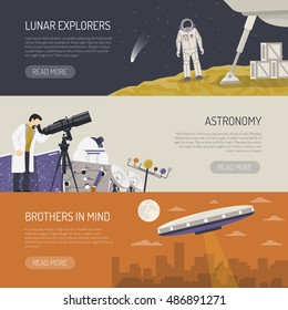 Astronomy horizontal banners set of lunar explorers observatory equipment for space research and ufo images flat vector illustration  