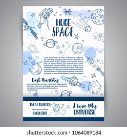 Astronomy Huge Space card Hand Drawn Illustrations. Planets and ships drawings. Sketch of universe Vector design Cosmos brochure