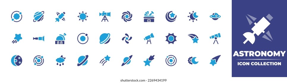 Colección de iconos de astronomía. Color de duotona. Ilustración vectorial. Con astronomía, satélite, sol, día y noche, agujero negro, luna, saturn, estrella, vidrio espía, observatorio, planeta, galaxia, telescopio.