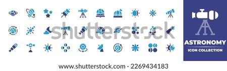 Astronomy icon collection. Duotone color. Vector illustration. Containing planet, orbit, stars, space probe, telescope, book, observatory, third quarter, star, solar system, night, full moon, saturn.