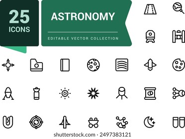 Astronomy icon collection. Set of icons related to space and astronomy. Outline symbols collection. Minimal Linear icon editable vector stroke illustration.