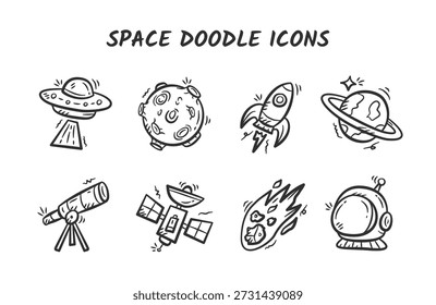 Doodle-Set für Astronomiesymbole. Von Hand gezeichnete Auflistung von Space-Objekten. Nette Weltraum-Doodle-Vektorelemente, die UFO, Mond, Satellit, Astronautenhelm, Rakete, Komet, Teleskop und Planet enthalten.
