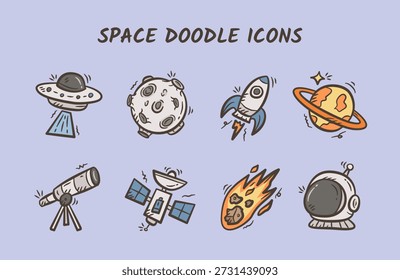 Doodle-Set für Astronomiesymbole. Von Hand gezeichnete Auflistung von Space-Objekten. Nette Weltraum-Doodle-Vektorelemente, die UFO, Mond, Satellit, Astronautenhelm, Rakete, Komet, Teleskop und Planet enthalten.