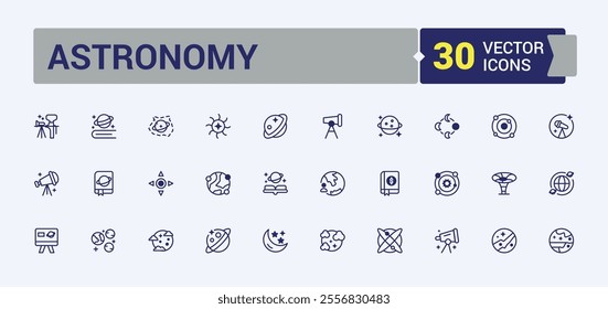 Astronomy icon pack. Containing cosmos, asteroid, cosmic, astronaut, galaxy, observatory, science and more. Simple line vector. Editable vector icon and illustration.