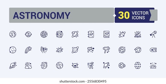 Astronomy icon pack. Containing cosmos, asteroid, cosmic, astronaut, galaxy, observatory, science and more. Simple line vector. Editable vector icon and illustration.