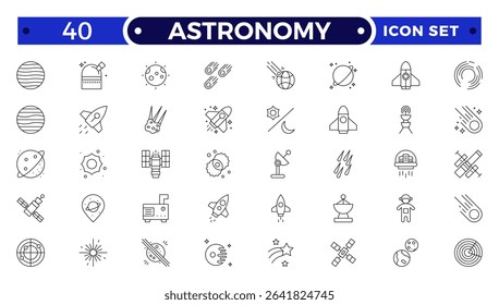 Astronomy icon of science observatory, satellite and rocket .space and planet outline Icons, thin line style. Contains such Icons as space, planet, alien, solar, technology, space travels, stars.
