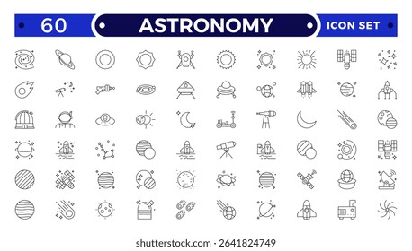 Astronomy icon of science observatory, satellite and rocket .space and planet outline Icons, thin line style. Contains such Icons as space, planet, alien, solar, technology, space travels, stars.
