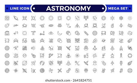 Astronomy icon of science observatory, satellite and rocket .space and planet outline Icons, thin line style. Contains such Icons as space, planet, alien, solar, technology, space travels, stars.
