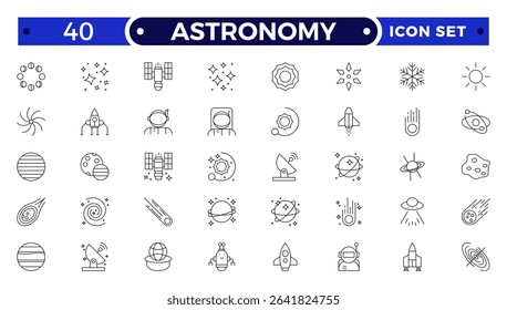 Astronomy icon of science observatory, satellite and rocket .space and planet outline Icons, thin line style. Contains such Icons as space, planet, alien, solar, technology, space travels, stars.
