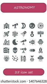 astronomy icon set. 25 filled astronomy icons.  Simple modern icons about  - Spaceship, Telescope, Moon, Full moon, Solar system, Rocket, Sputnik, Mars, War, Ufo, Science, Alien