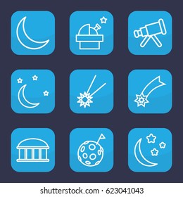 Astronomy icon. set of 9 outline astronomy icons such as observatory, moon and stars, crescent, falling star, telescope