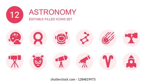 astronomy icon set. Collection of 12 filled astronomy icons included Full moon, Comet, Astronaut, Ursa major, Meteorite, Telescope, Alien, Aries, Rocket
