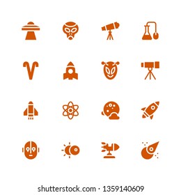 astronomy icon set. Collection of 16 filled astronomy icons included Asteroid, Rocket, Eclipse, Science fiction, Full moon, Science, Telescope, Alien, Aries, Ufo
