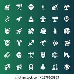 astronomy icon set. Collection of 36 filled astronomy icons included Astronaut, Science, Rocket, Comet, Parabolic, Missile, Scorpio, Uranus, Telescope, Science fiction, Meteorite