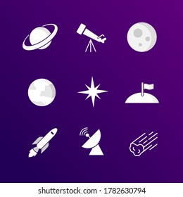astronomy icon set collection, include saturn, telescope, moon, earth, star, flag in moon, rocket, transmitter, and comet, flat vector design