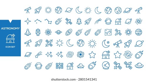 Astronomy Icon Set: A comprehensive collection of outline icons representing celestial bodies, space exploration, and astronomical concepts, perfect for educational or scientific presentations.