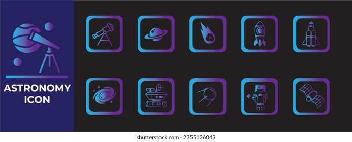 Astronomy icon set. Containing satellite, universe, astronaut, rocket, comet, telescope and planet icon.
