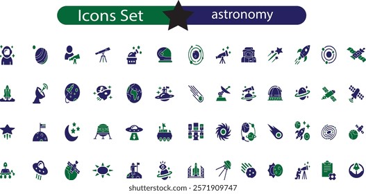 Astronomy icon set. Containing satellite, universe, astronaut, rocket, comet, telescope