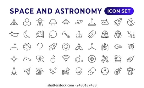 Astronomy icon set. Containing satellites, the universe, astronauts, rocket, comet, telescopes, and planet icons.space Vector Line Icons, thin line style. Contains such Icons as space, planets, alien,