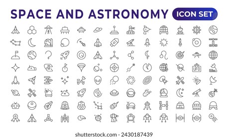 Astronomy icon set. Containing satellites, the universe, astronauts, rocket, comet, telescopes, and planet icons.space Vector Line Icons, thin line style. Contains such Icons as space, planets, alien,
