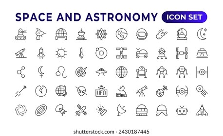 Astronomy icon set. Containing satellites, the universe, astronauts, rocket, comet, telescopes, and planet icons.space Vector Line Icons, thin line style. Contains such Icons as space, planets, alien,