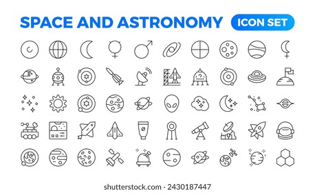 Astronomy icon set. Containing satellites, the universe, astronauts, rocket, comet, telescopes, and planet icons.space Vector Line Icons, thin line style. Contains such Icons as space, planets, alien,