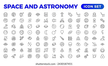 Astronomy icon set. Containing satellites, the universe, astronauts, rocket, comet, telescopes, and planet icons.space Vector Line Icons, thin line style. Contains such Icons as space, planets, alien,