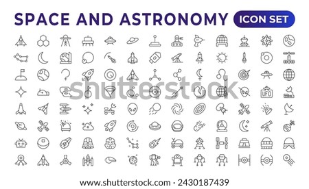 Astronomy icon set. Containing satellites, the universe, astronauts, rocket, comet, telescopes, and planet icons.space Vector Line Icons, thin line style. Contains such Icons as space, planets, alien,