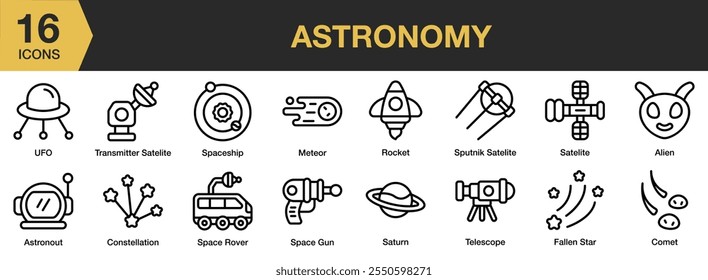 Astronomy icon set. Includes UFO, spaceship, rocket, meteor, saturn, space, astronaut, and More. Outline icons vector collection.