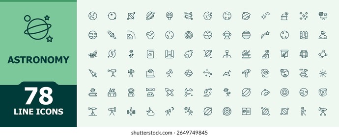 Conjunto de ícones de astronomia. Conjunto mínimo de ícones da Web de linha fina. Ilustração vetorial editável. Conjunto de ícones do planeta. Conter o universo de sinais lineares, cosmos, asteroide, espaço, planeta e muito mais.