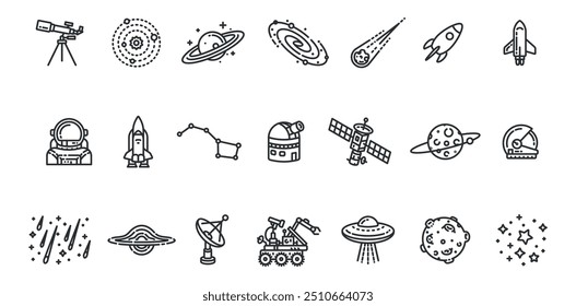 Astronomy icon set. Space, solar system, black hole, asteroid, cosmos etc.