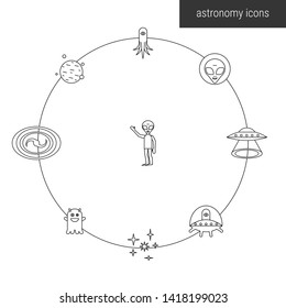astronomy icon set with spaceman star comet planet moon rocket ufo alien