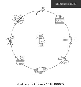 astronomy icon set with spaceman star comet planet moon rocket ufo alien
